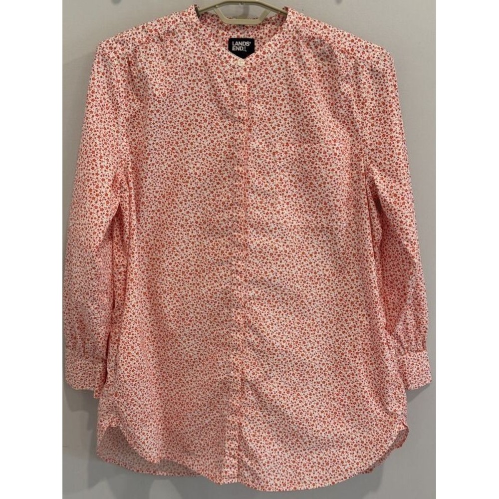 Lands End Band Collar Tunic Long Sleeve Button Front Shirt Orange Floral 18